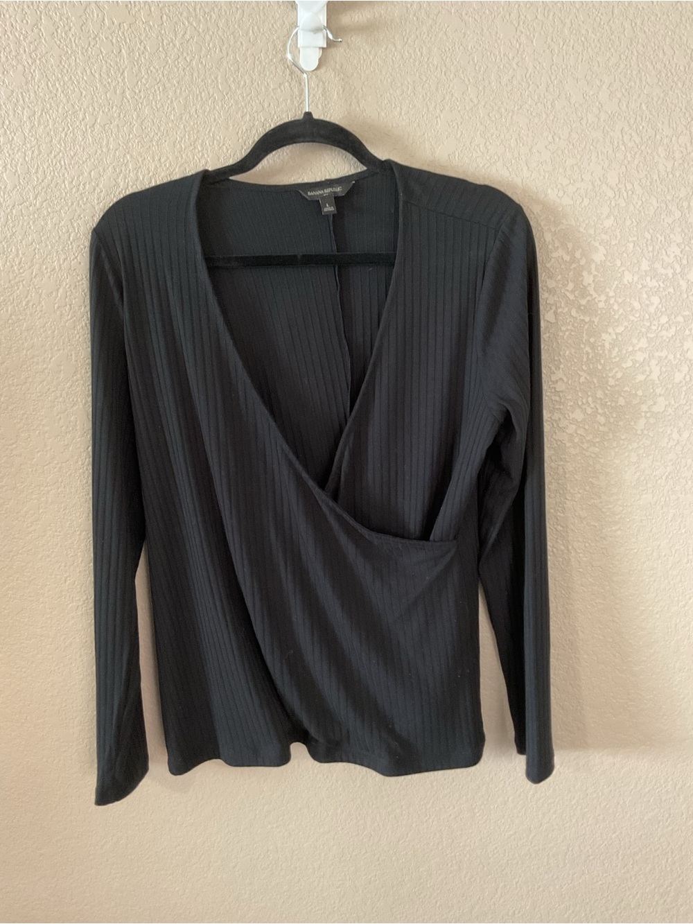 Banana Republic Black Ribbed Wrap-Front Long Sleeve Top